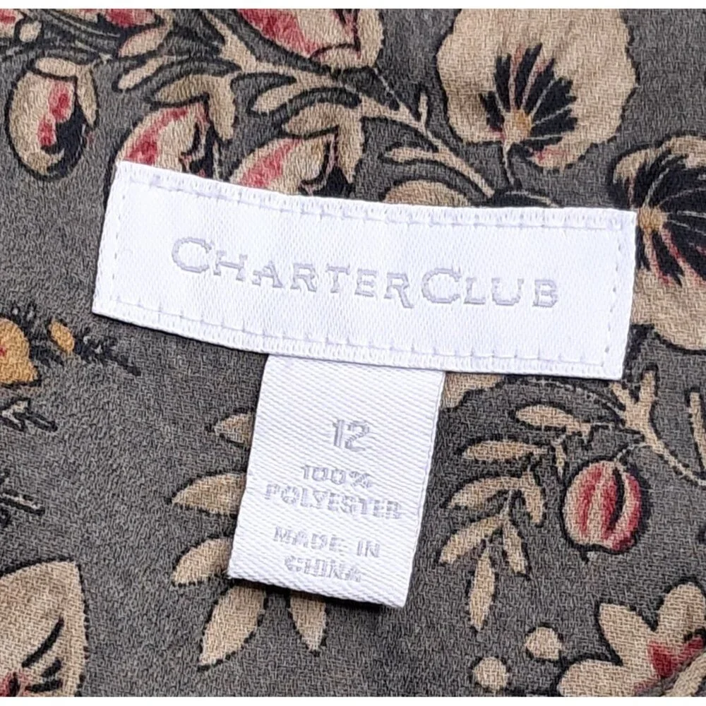 Charter Club Floral Button Front Dress Women Size 12 Olive Green Pleated Midi‎